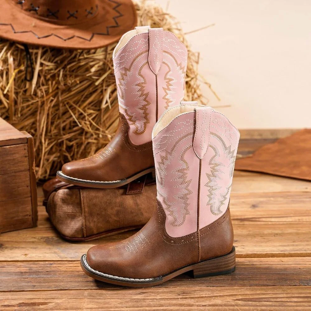 ⚡Kid Pink/Brown Synthetic Cowboy Western Riding Shoes Square Toe Wide Calf Boot